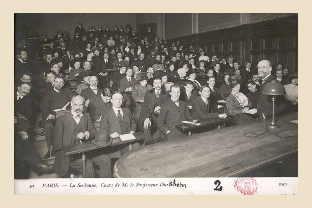 Emile Durkheim, professor and founder of French Sociology, at the Sorbonne, in the Guizot amphitheatre, in early 1900. Nubis Digital Library
