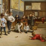 School boys playing with spinning tops in the classroom karya Charles Bertrand d'Entraygues