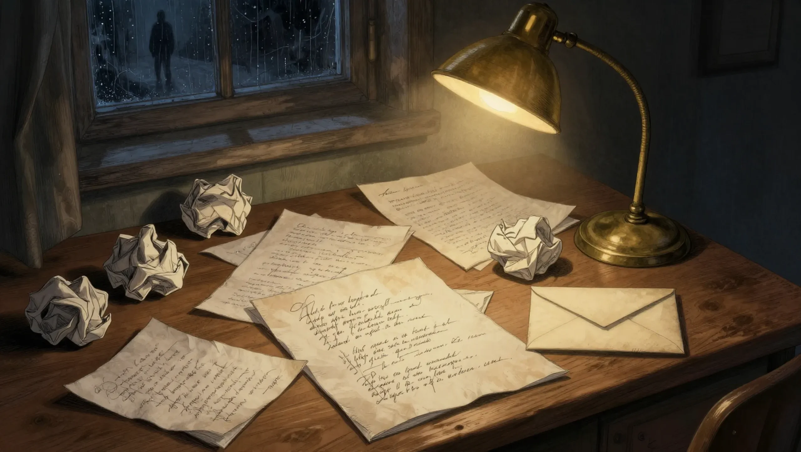 A_dimly_lit_wooden_desk_at_night_Scattered_handwritten_pages